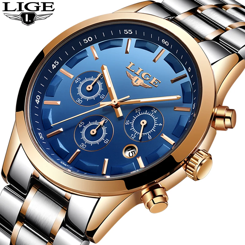 

LIGE Mens Watches Top Brand Luxury Men's Stainless Steel Quartz Watch Men's Military Sports Waterproof Watch Relogio Masculino