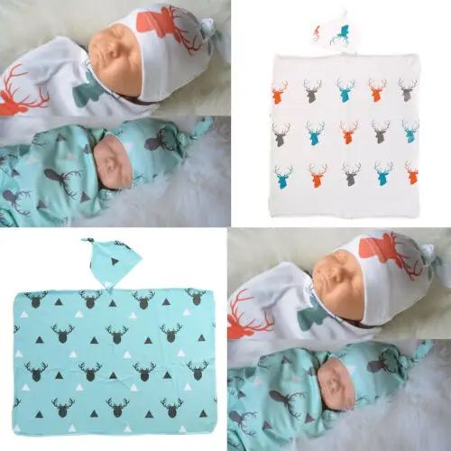 Newborn Baby Cute Swaddle 2019 New Adorable Deer Print Blanket Sleeping Bag Muslin Wrap + Hat 2pcs | Мать и ребенок
