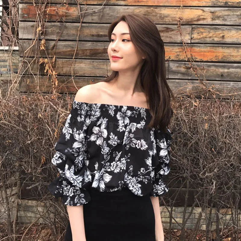 White Print Women Chiffon Blouse 2019 Slash Neck Tops Clothes Fashionable Sweet Style Clothing Slim Streetwear Casual Hot Sale