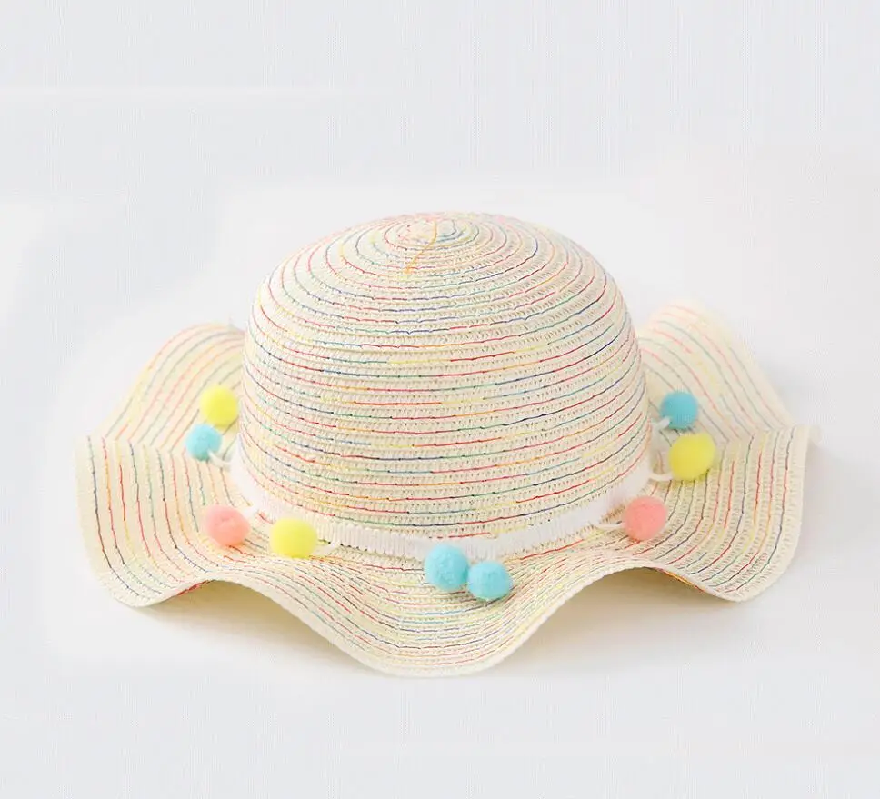 Детские летние шапочки дети на открытом воздухе козырек шляпа Летний стиль пляж широкий большой солнцезащитный колпачок милый разноцветный пушистый шарик соломенная шляпа