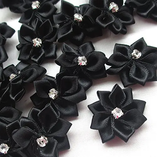 

20pcs black Crystal Rhinestone Decoration Satin Ribbon Flower Appliques Wedding Party Sewing Craft DIY For Dress Hat Bags Shoes