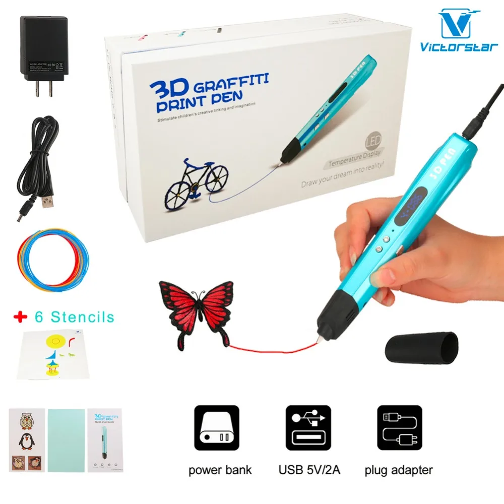 

3D Printing Pen with Bigger LED Display, Military Motor, Shiny UV coating, 6 Paper Stencils/Compatible with PLA & ABS Filaments