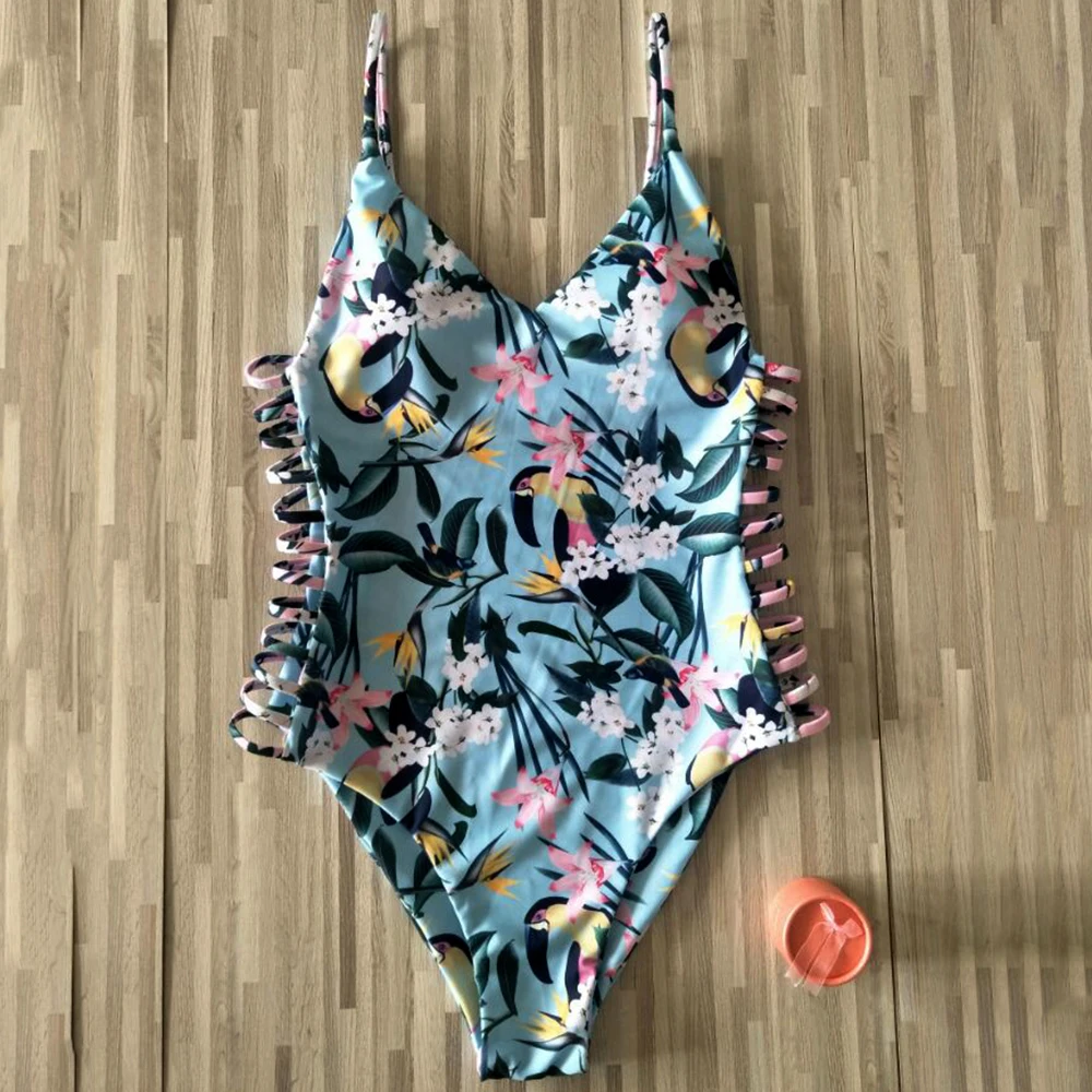 

2018 Leaf Print Sexy Thong Trikini One Piece Swimsuit Women Triquini Monokini Bandage Swimwear Hollow Out Bathing Suit female