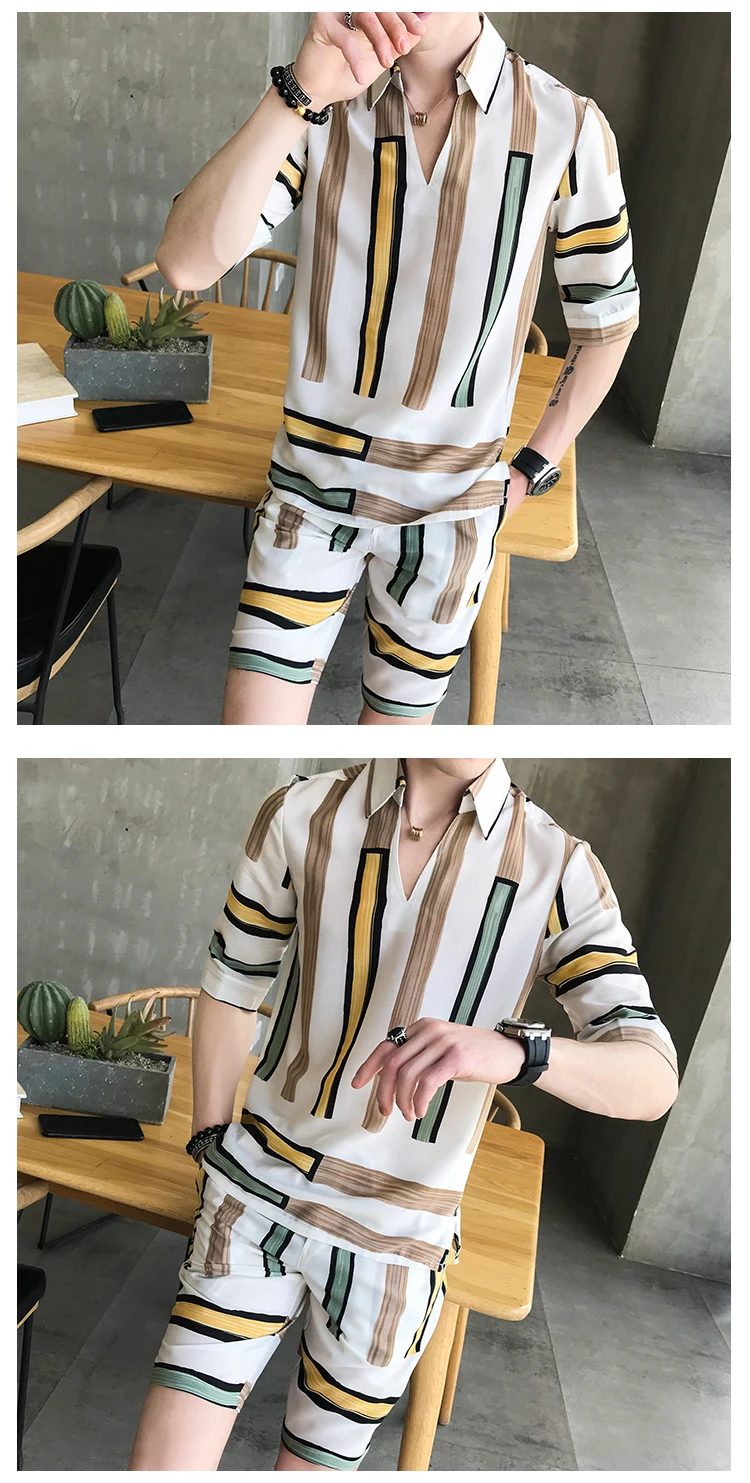 2018 г. Модные мужские Полосатые рубашки и штаны в Корейском стиле комплект из двух предметов свободные v-образным вырезом Повседневное Erkek