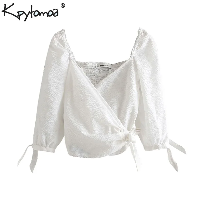 

Vintage Chic Solid Bow Tie Wrap Short Style Tops Women Blouses 2019 Fashion V Neck Long Sleeve Ladies Shirts Casual Blusas Mujer