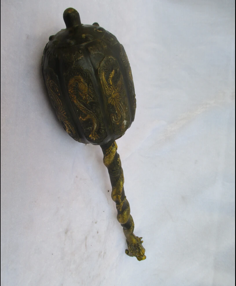 

Collectible Chinese Old Bronze Carved Gold gilt Dragon and phoenix Hammer ancient weapons Sculpture /Antique Hammer statue