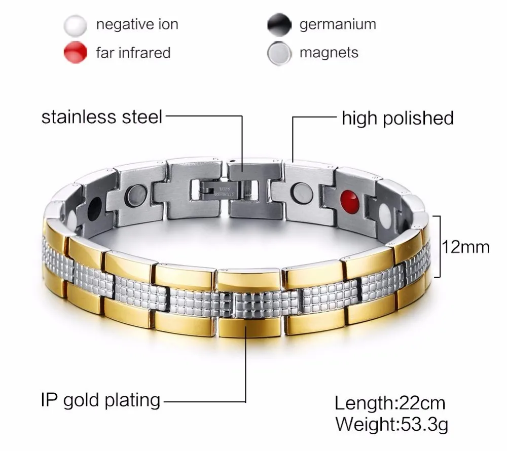 JHSL Высокое качество для мужчин нержавеющая сталь здоровый магнитный камень браслеты золото цвет IP покрытие