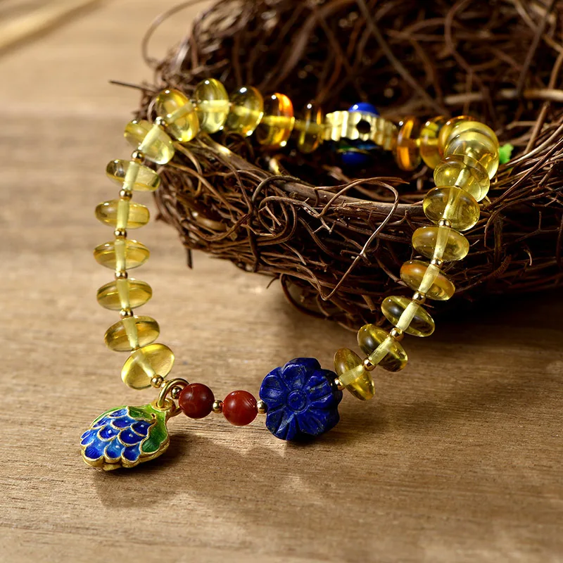 

Hand Made Models Natural Amber Beaded Inlaid Cloisonne Bracelet Manufacturers Direct Supply Wholesale