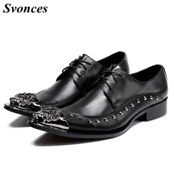 

Svonces Brand British Style Genuine Leather Shoe Man Lace Up Pointed Toe Brogue Shoes Rivets Fashion Wedding Shoes Male Size 47