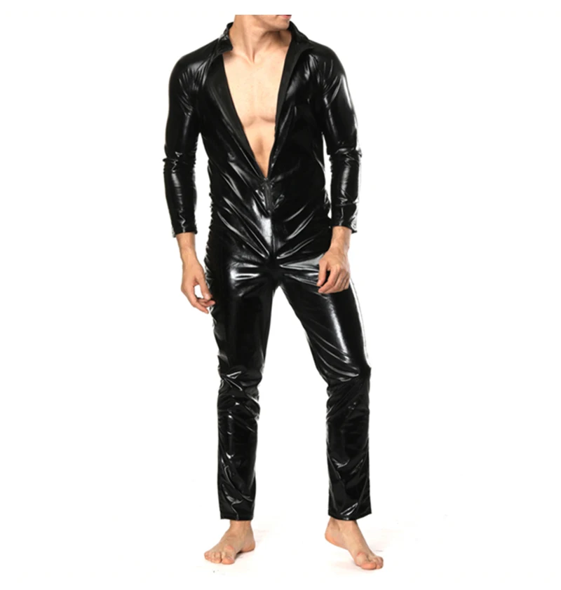 2019 Sexy Faux Leather Bodysuit Men's Nightclub Shiny PVC Latex Slim Tight Costume Pole dancing Night prince Uniform Temptation (6)