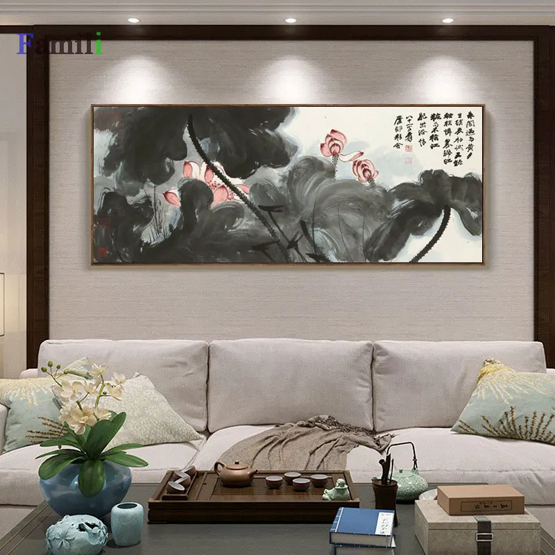 Винтаж акварель лотос китайский холст картины цветок стены искусства картины плакат печать для гостиной спальни домашний декор - Цвет: Темный хаки