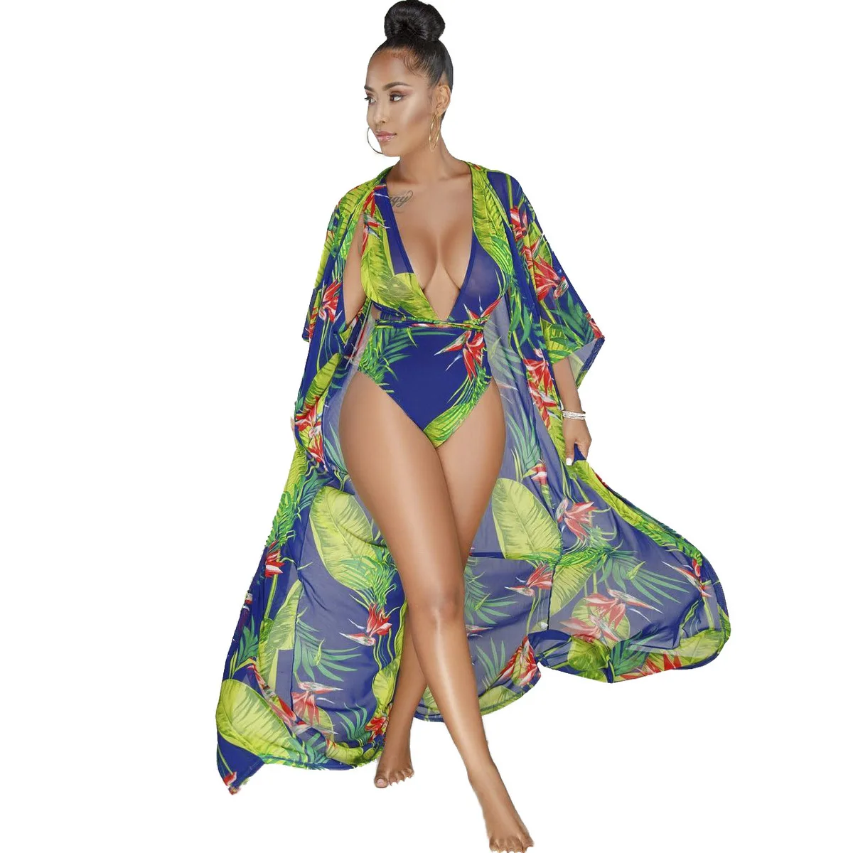 Diliflyer 2PCS/SET Sexy Cover Up + Swimsuit Set 2018 Flower Print Women Ups &amp One Piece Swimwear Robe De Plage Beachwear |