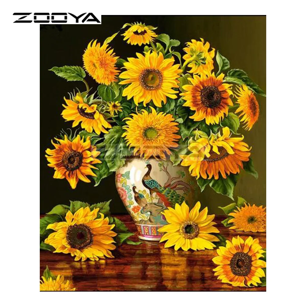 ZOOYA 5D DIY Бриллиантовая Вышивка Желтая Цветочная ваза Подсолнух Алмазная картина
