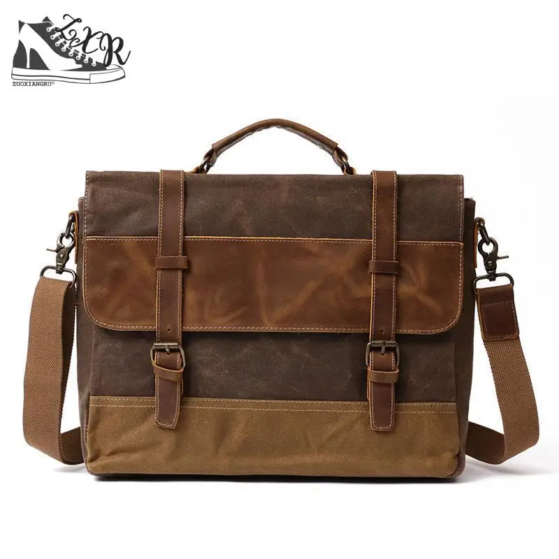 

Zuoxiangru 2018 New Oil Wax Canvas Handbag Men Waterproof Shoulder Bag Retro Canvas Leather Briefcase Messenger Bag Large