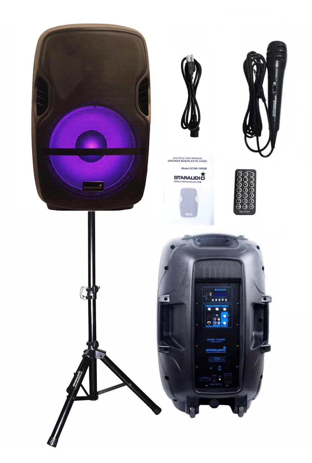 

STARAUDIO 15 Inch 2000W PA Stage DJ Karaoke Powered Active BT USB Speaker RGB Light Speaker DJ Stand Wired Microphone SCSM-15RGB