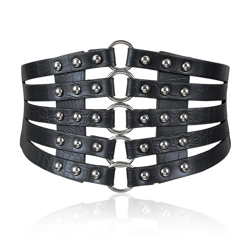 

Fashion Self Tie Wide Belts belt Elastic slim corset body shaper black faux leather retro Punk Rivet Waist belt Cummerbund