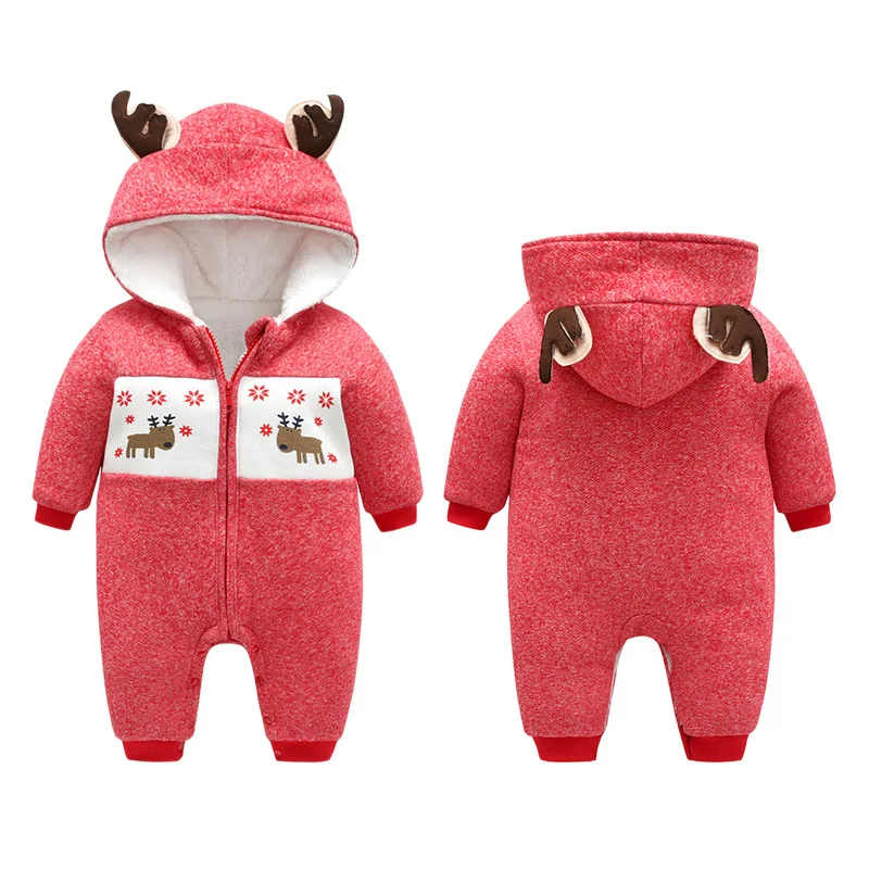 

New Design For Christmas,add Fleece Boy And Girl Autumn Winter Rompers Hooded Red Outdoor Wear Fashion Jumpsuit For 6-24m Baby