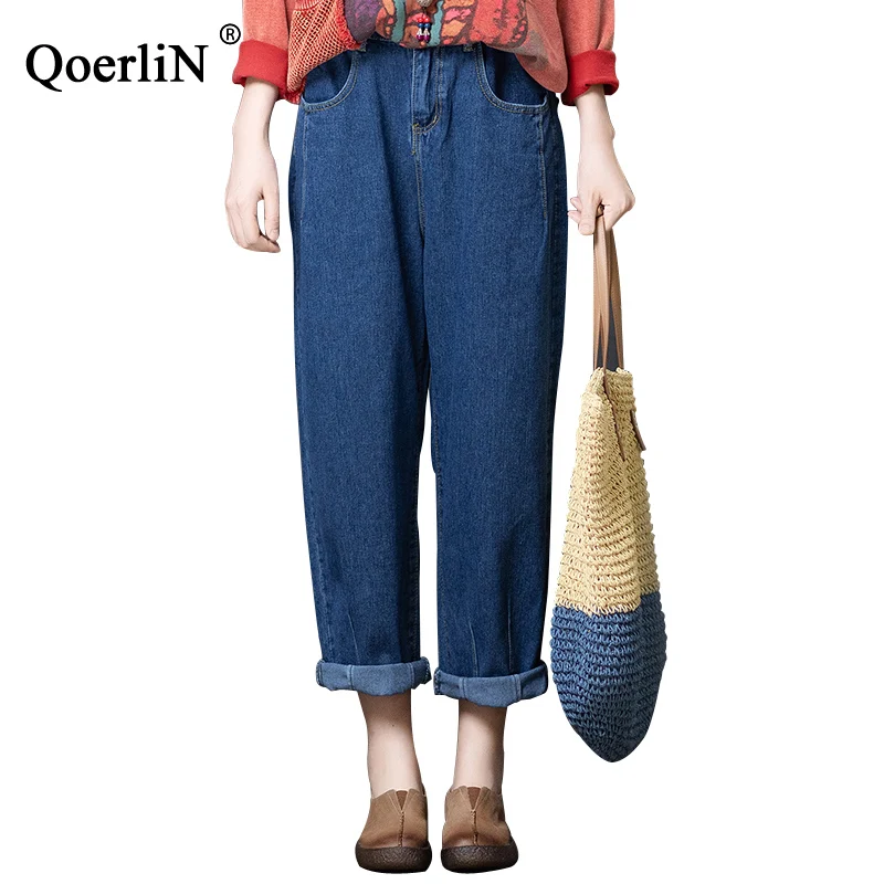 

QoerliN Ankle-Length Boyfriend Jeans Women High Waist Jeans Plus Size Harem Pants Gray Loose Trouser Casual Elastic Waist Girls