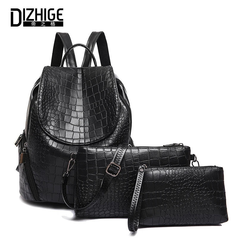 

DIZHIGE Women 3 Set/Pcs Backpack Crocodile Pattern School Bags For Teenager Girls High Quality PU Leather Rucksack Clutch Purse