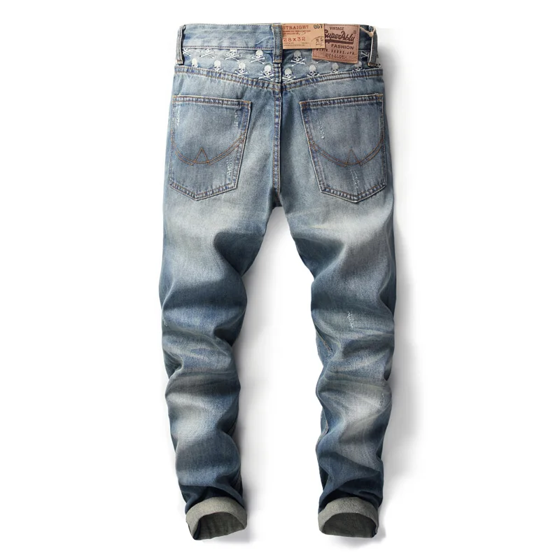 Japanese Style Fashion Men s Jeans Light Blue Color Vintage Retro Ripped Jeans Patch Pants Skull 2