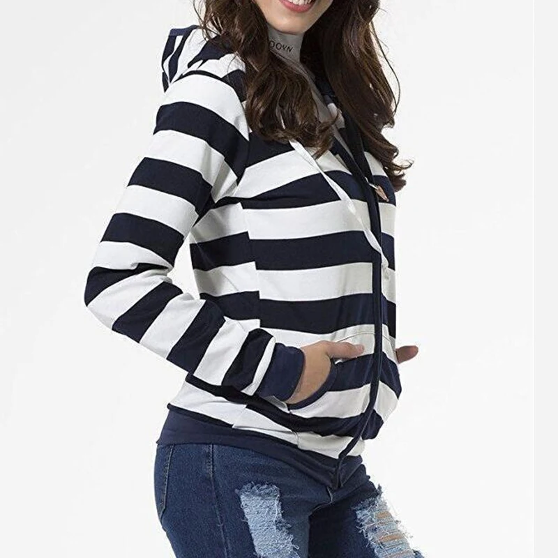 2019 Autumn Women Striped Hoodies Sweatshirt Long Sleeve Hooded Zipper Pockets Jackets Casual Plus