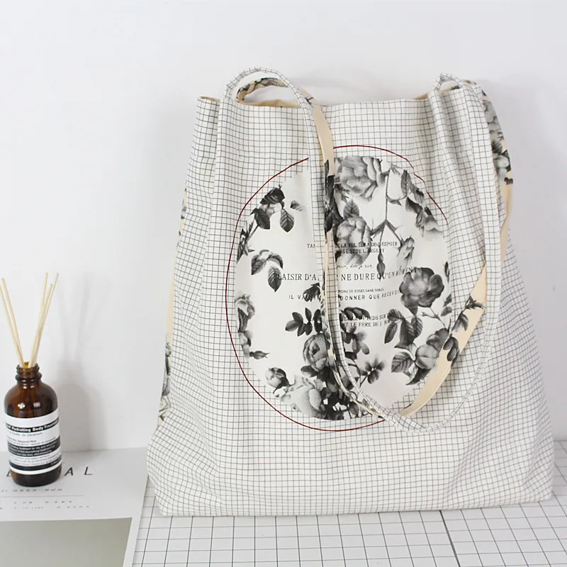 

YILE Eco Cotton Canvas Shopping tote Shoulder Bag Print flower Check 2 sides Different ZJ207