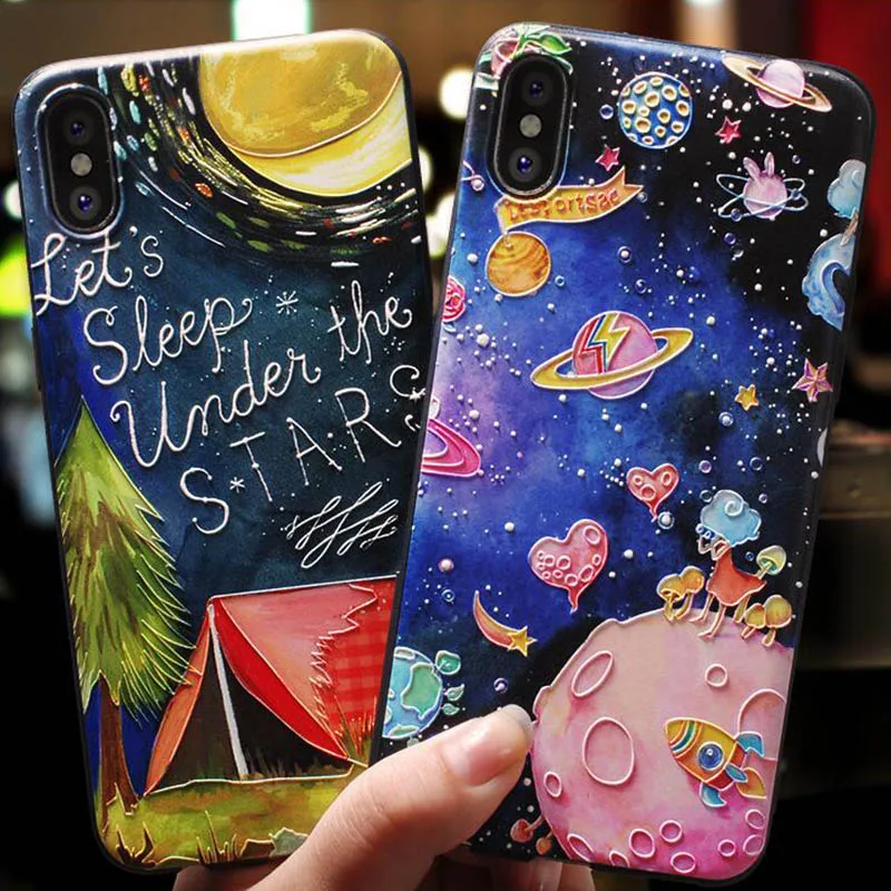 

QAYYNIMY 3D Emboss Cartoon Starry Sky Phone Cases For iphone X XS XR XS Max 6 7 8 Plus Soft Silicon TPU Case Back Cover