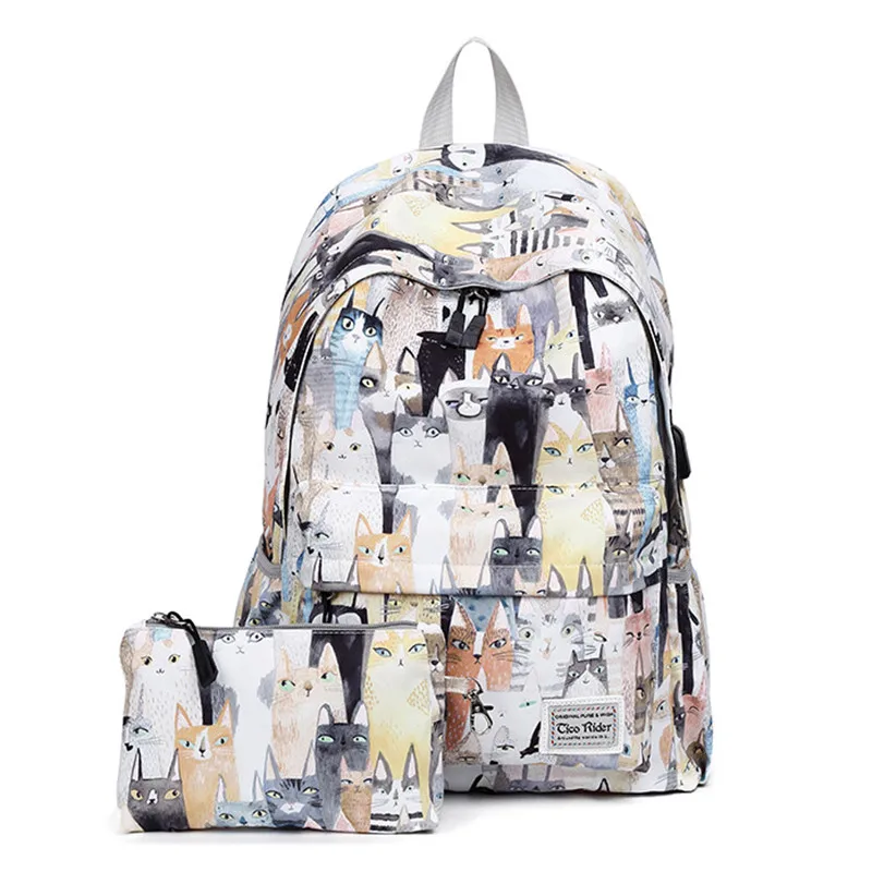 Cats pattern Зарядка через usb 2 шт./компл. Для женщин рюкзаки с милым принтом школьная сумка для девочек-подростков, рюкзак для путешествий, женские сумки на плечо - Цвет: Cats pattern