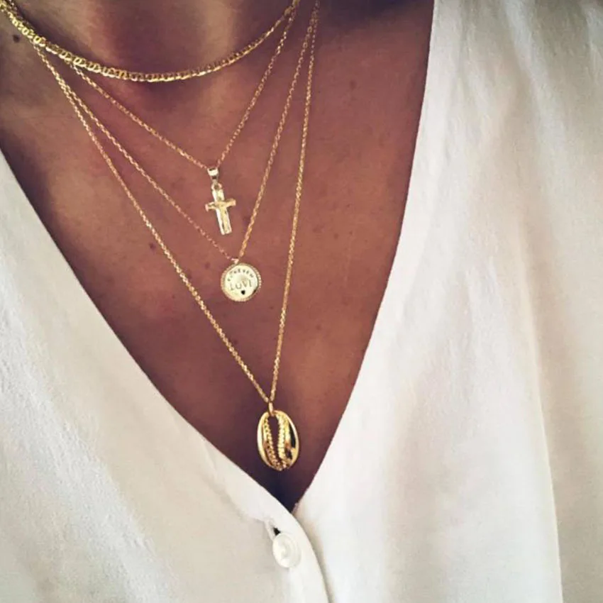 

Shell Choker Necklace Coin Pendant Necklaces Long Chain Cross Chocker Women collier femme collares Multi Layer collar concha