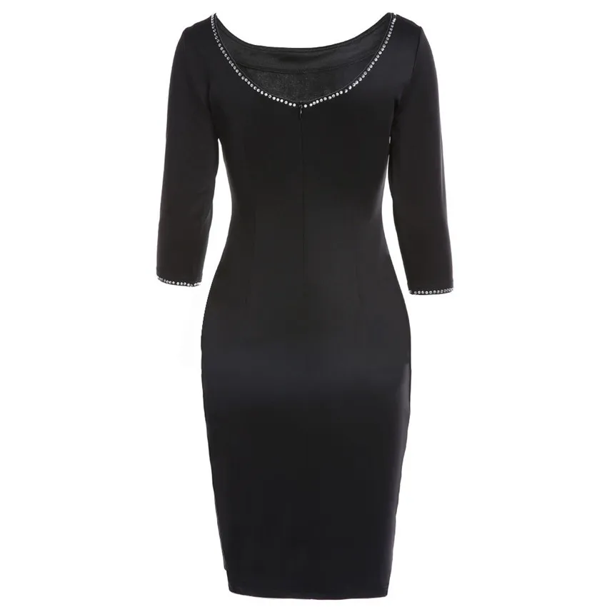 LSYCDS, черное винтажное женское платье, 3/4 рукав, круглый вырез, с рюшами, Драпированное, для работы, бизнеса, офиса, вечерние, бодикон, прямое ретро платье, B023