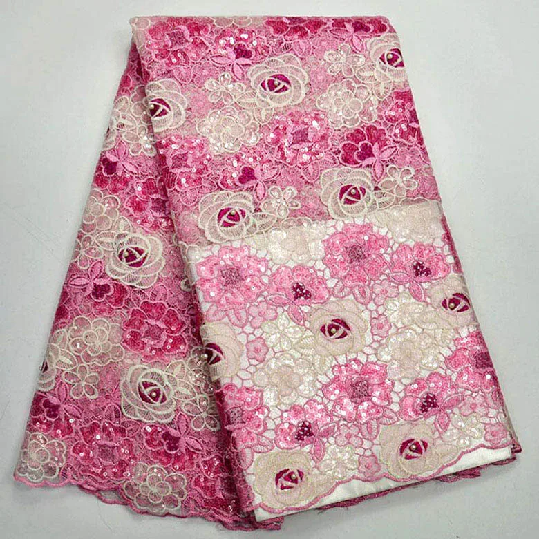 

2018 New Arrival Pink African Tulle Lace Fabric Wholesale French Organza Lace Fabric With Sequins For Wedding Dress