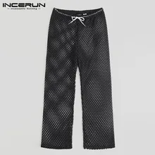 INCERUN модные сетчатые Мужские штаны дышащие свободные прозрачные брюки на шнурке мужские сексуальные прозрачные брюки плюс размер