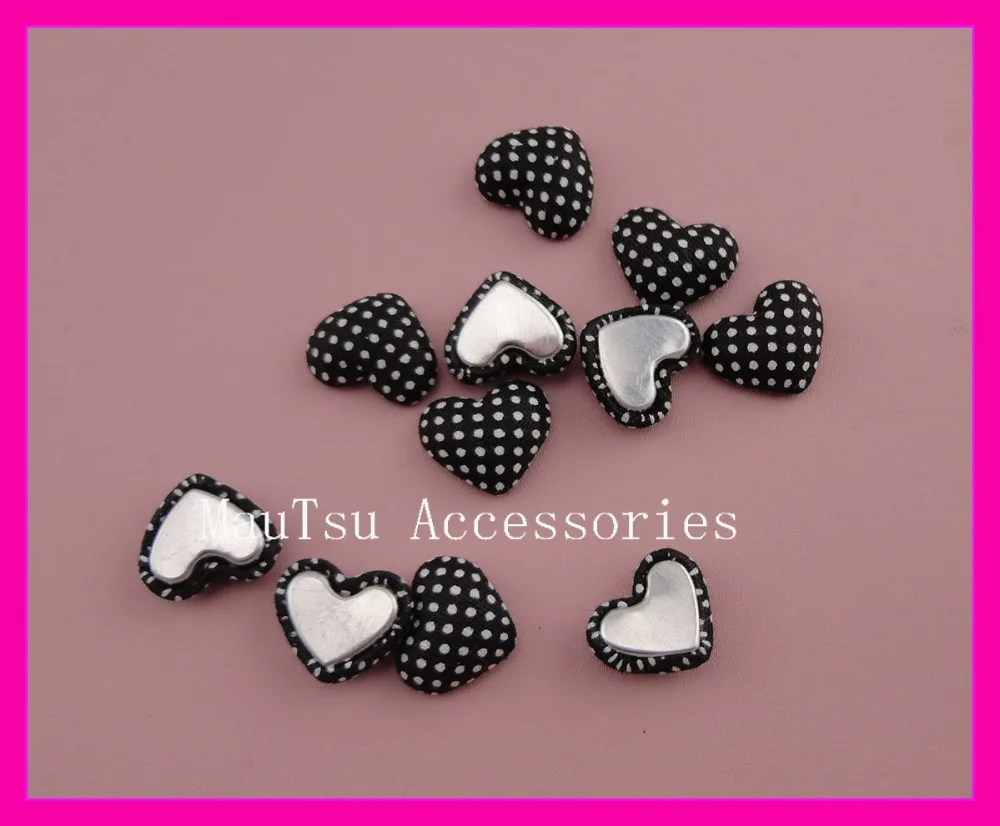 

100PCS 17mm White polka-dot printing Black Fabric Wrapped Heart Button with flatback as jewelry accessories,Heart dotted beads