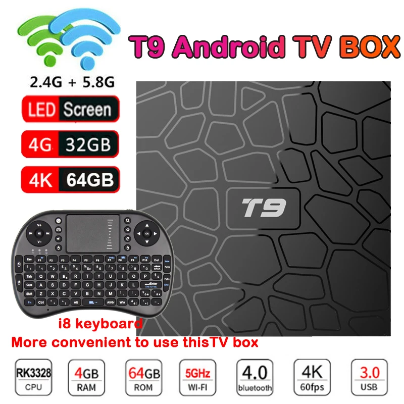 

T9 Android 9.0 TV Box RK3328 Quad core 4G 32G 64G 2.4+5.8GHz WiFi HD 4K H.265 Bluetooth Netflix Smart Set top box with keyboard