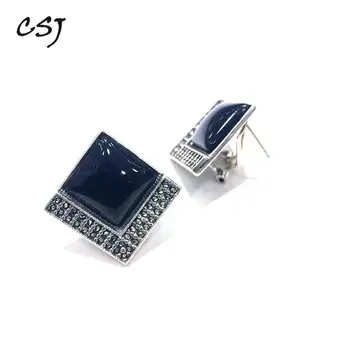 

CSJ Natural Black Agate Earrings Real 925 Silver Fine Charm Jewelry for Women Gift