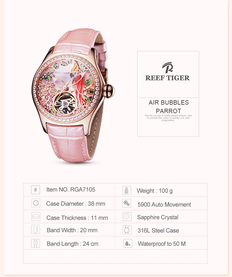 Reef Tiger Top Brand Luxury Women Watches Pink Dial Leather Strap Mechanical Watch Rose Gold Fashion Watch reloj mujer RGA7105