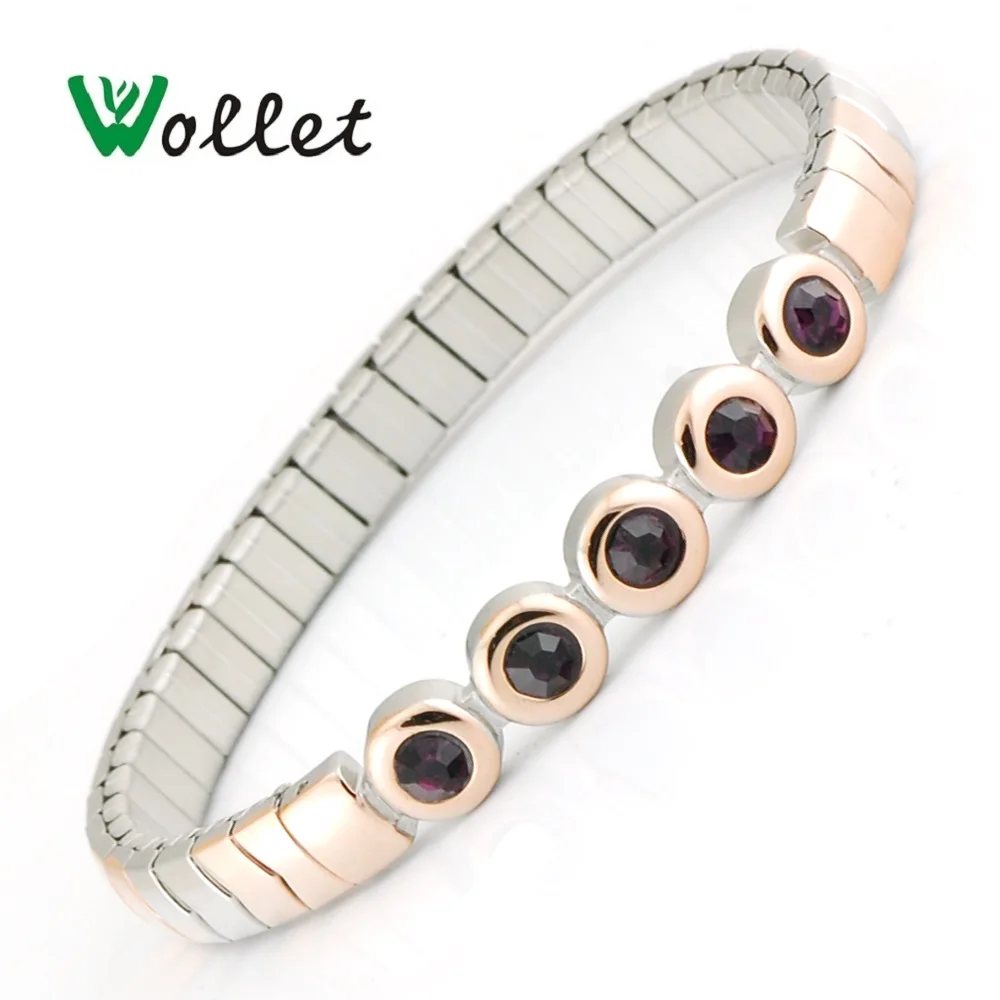 Wollet Ювелирные Изделия Эластичный нержавеющая сталь магнитный браслет для мужчин женщин металлик золотистый цвет ПУРПУРНЫЙ CZ камень 5 в 1
