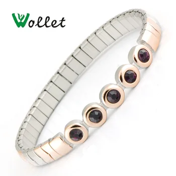 

Wollet Jewelry Elastic Stainless Steel Magnetic Bracelet Bangle for Men Women Metallic Gold Color Purple CZ Stone 5 in 1