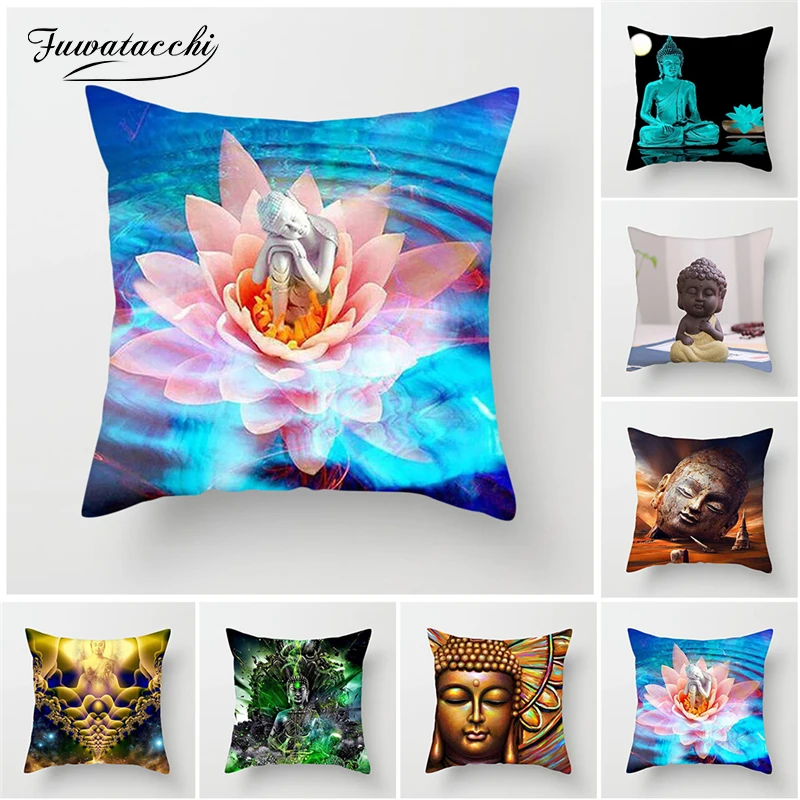 

Fuwatacchi Buddha Cushion Cover Golden Buddha Statue Lotus Decorative Cover Pillows Print Decoration Pillowcase For Car Home