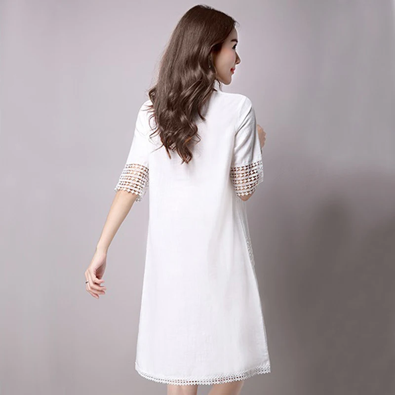 Summer Women Dress White Gray Color O Neck Short Sleeve Cotton Linen A Line Dress Hollow Out Vintage Dress Size S-2XL Summer Women Dress White Gray Color O Neck Short Sleeve Cotton Linen A Line Dress Hollow Out Vintage Dress Size S-2XL
