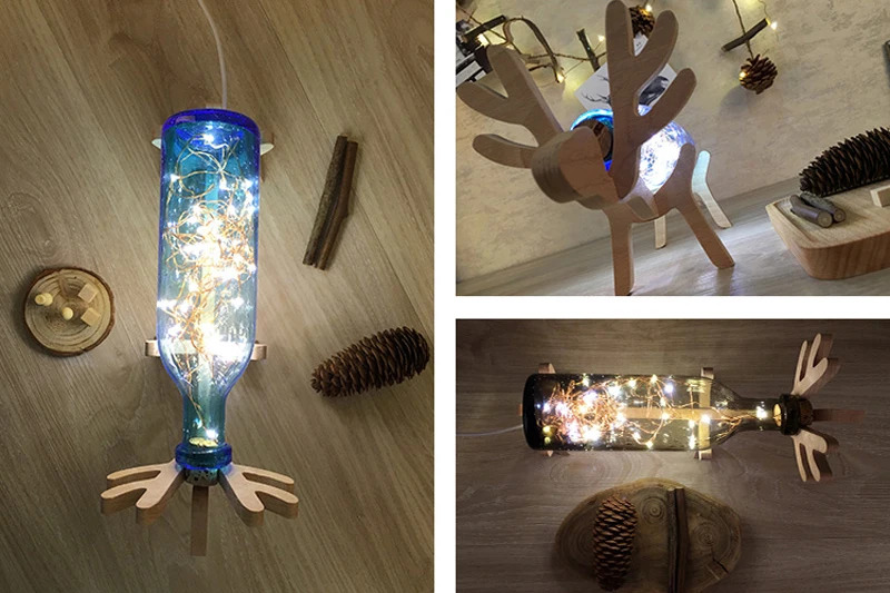 Nordic Creative Wood Deer Lamp LED Strip Lights Handmade Blue Glass Bottle Night Lights Art Deco USB Lighting Chirstmas Birthday Gift (9)