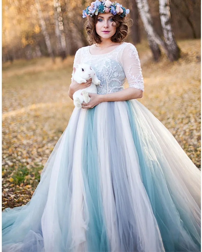 2017 Romantic Light blue A-Line Wedding Dress Elegant Tulle Beading Backless Lace Half Sleeve Promotion Muslim Vestido De Noiva | Свадьбы и