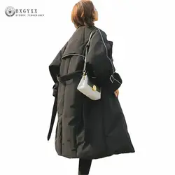 2019 Новое модное зимнее пальто с отложным воротником женское черное двубортное Стеганое пальто верхняя одежда Свободный теплый пояс парка