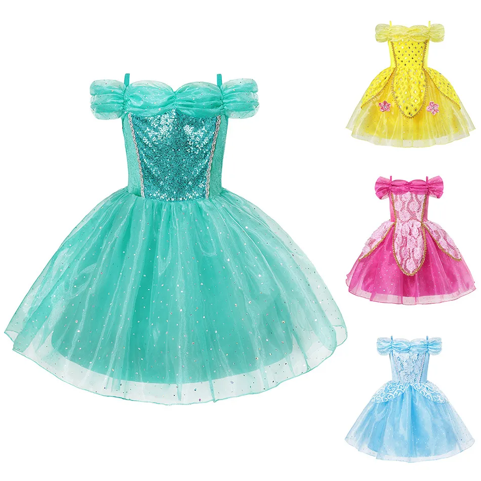 Роскошные вечерние платья для девочек «Спящая красавица», «Принцесса Аврора», «Золушка», «Красавица и Чудовище», костюм Белль Аладдин Жасмин