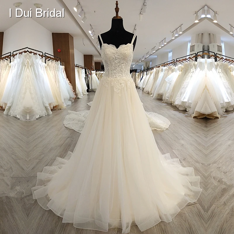 

Unique Lace Tulle Wedding Dress A Line Spaghetti Double Strap Bridal Gown High Quality Custom Made