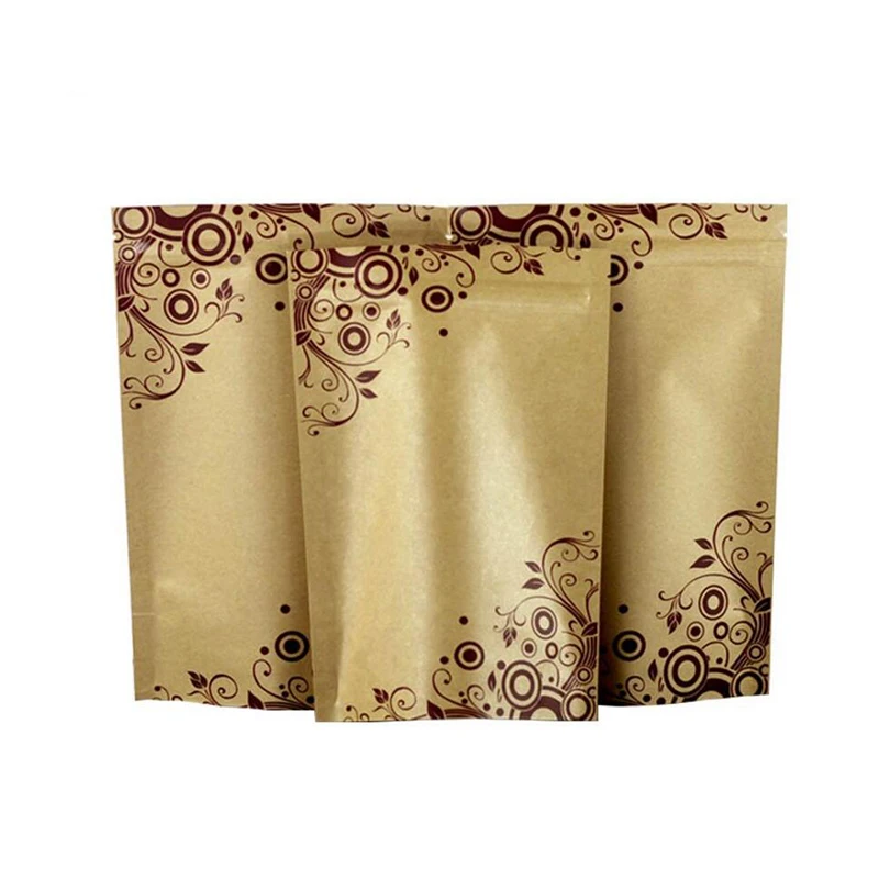 100 шт стоячий крафт-бумажный пакет для упаковки еды с цветочным узором, мешочек для подарка, еды, орехов, печенья, конфет, выпечки чая