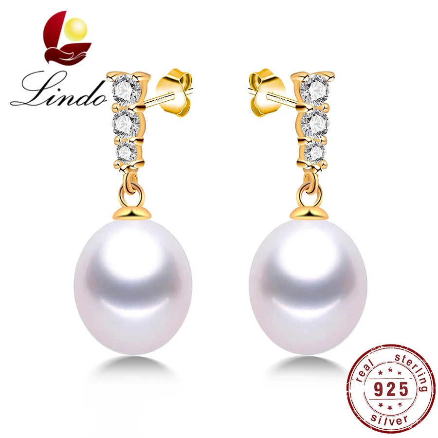 Lindo Fashion Gold Color Drop Earrings For Women 8-9mm Natural Freshwater Pearl Silver 925 Jewelry Solid Hanging | Украшения и
