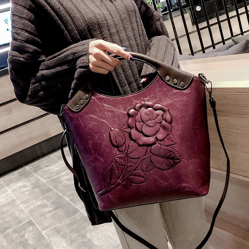  Brand Women Handbag Rose Print Lady Tote High Quality Leather Large Capacity Ladies Shoulder Bag Lu - 33010877723