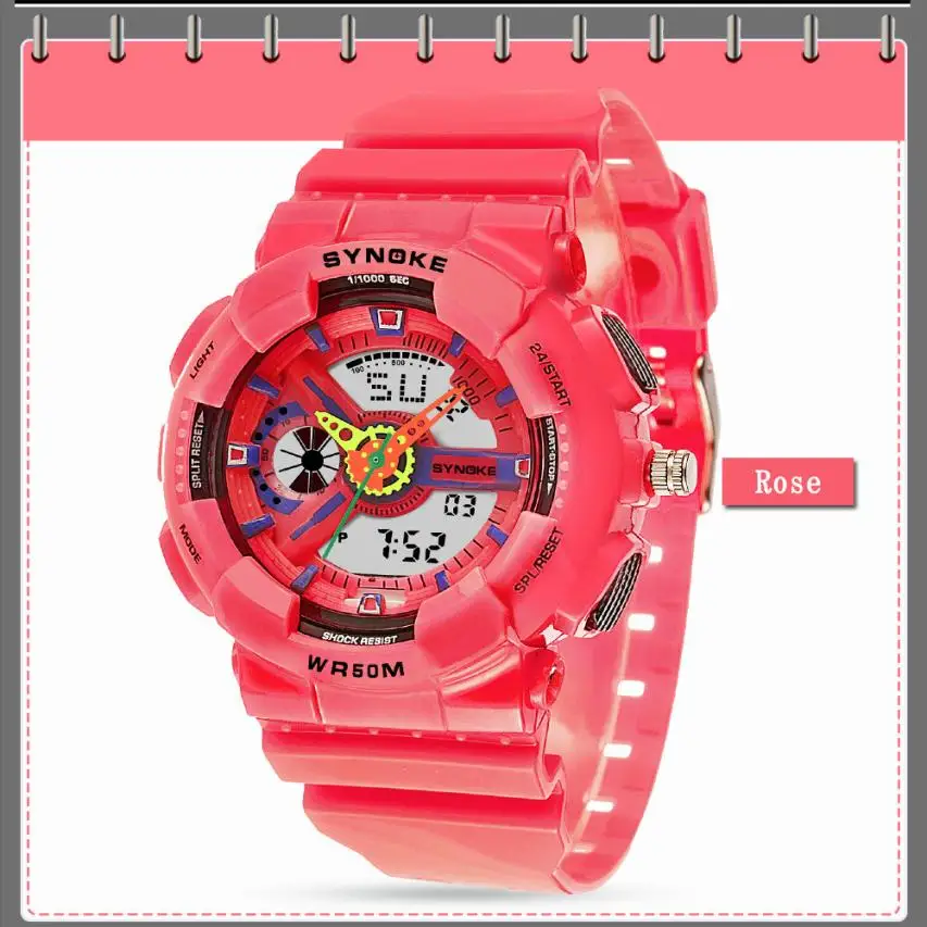 

Hot Pink Colors Cute Watches for Boys Student Sports Watch Multi-Function 50M Waterproof LED Double Action Wristwatch H04195