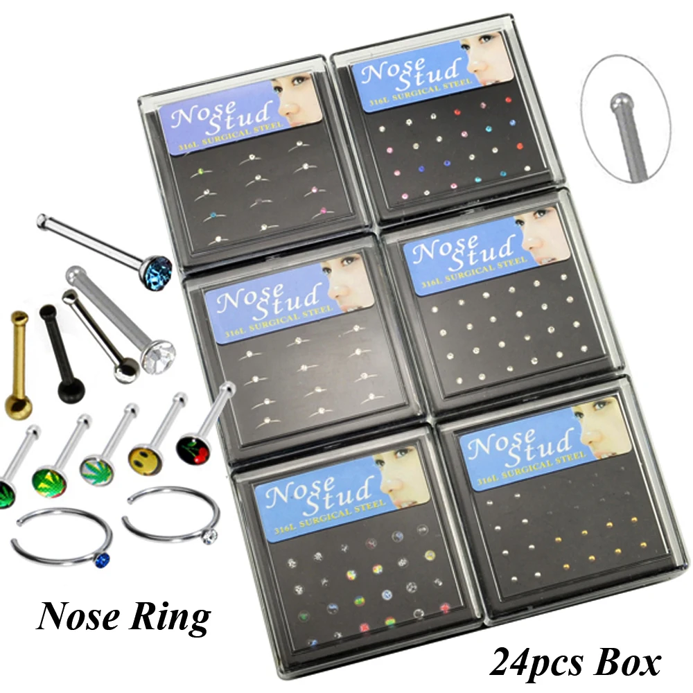

24pcs Box Nose Stud Hoop Ring Jewelry Nose Retainer Bone Stud CZ Crystal L Shape Screw Bend Multi Logos Nose Body Jewelry